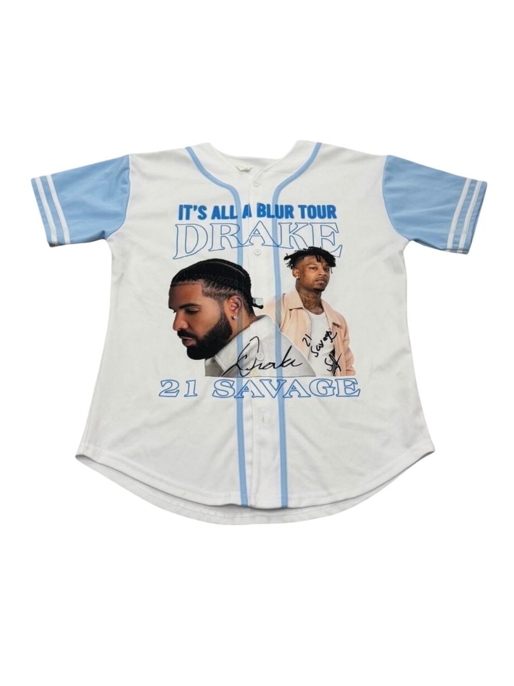 Drake & 21 Savage It’s All A Blur Tour Baseball Jersey White Blue Size L